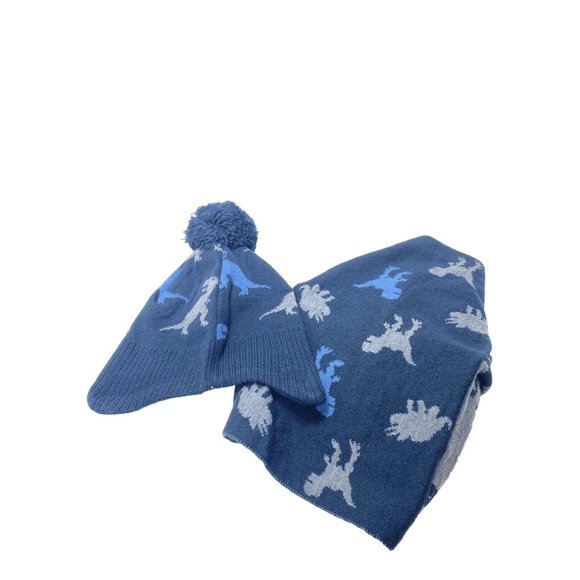 Blue Boys Dinosaur Winter Hat & Scarf Matching Set - One Size Brand New - Picture 8 of 8